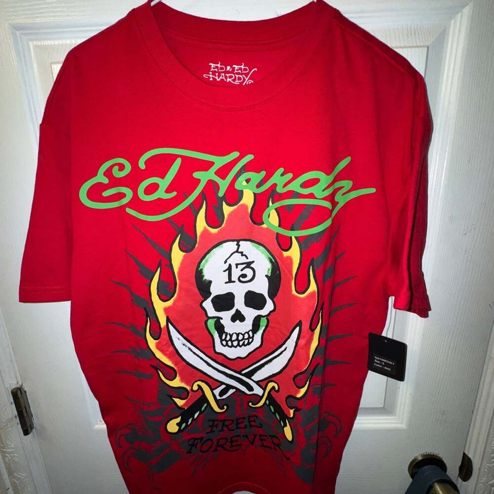 New Ed Hardy Flame Skull #13 Free Forever Logo Graphic T-Shirt Red Size Small
